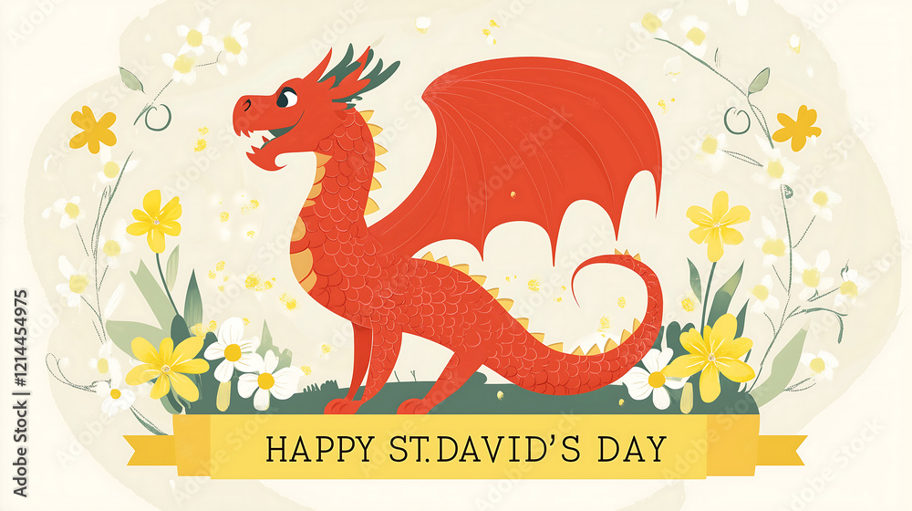 Obraz premium illustration of the silhouette of an Irish red dragon, with yellow and white flowers in the background, with text 