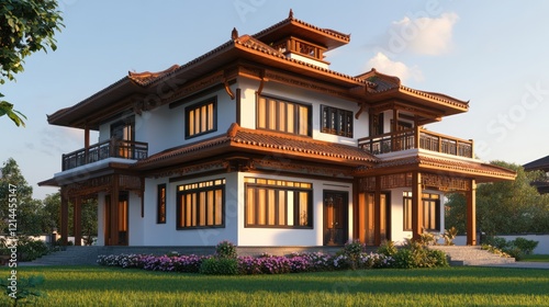 Asian-style house, sunset, garden, residential design, architectural rendering photo