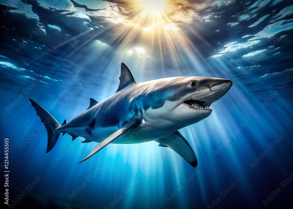 Obraz premium Majestic Shark Underwater: Powerful Grace in Deep Blue Ocean