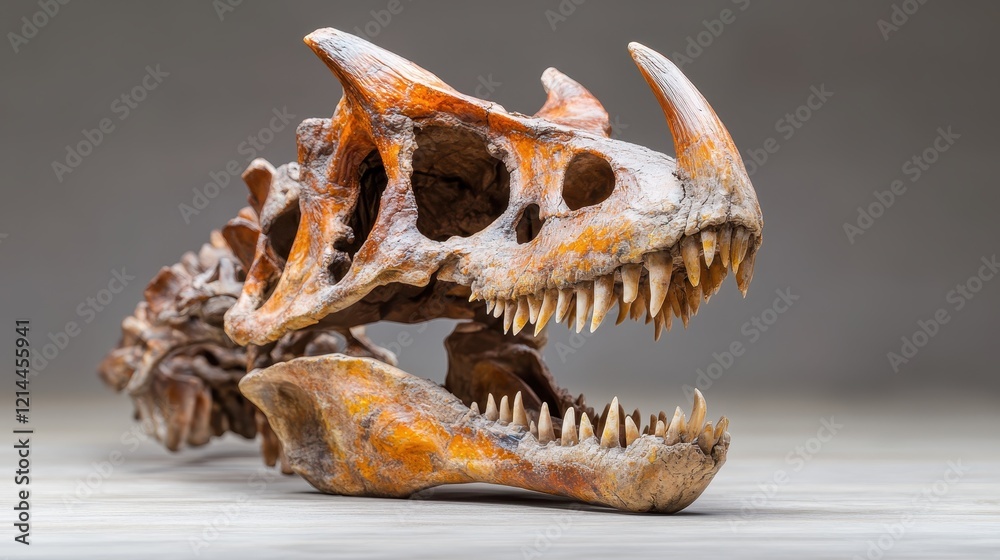This captivating view of a dinosaur skull resting on a wooden surface highlights its textures and details, making it a compelling piece for educational or decorative purposes. This captivating view of a dinosaur skull resting on a wooden surface highlights its textures and details, making it a compelling piece for educational or decorative purposes.