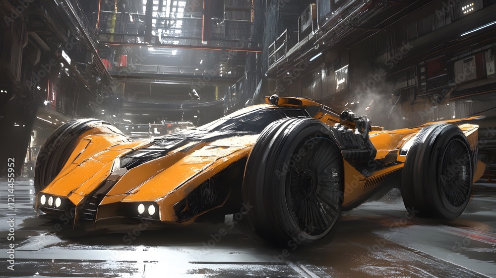 Fototapeta premium Futuristic Orange Race Car in Sci Fi Garage