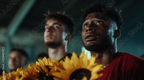 An evocative image showcasing men holding sunflowers, capturing heartfelt emotions and the essence of human connections in a visually striking manner. photo