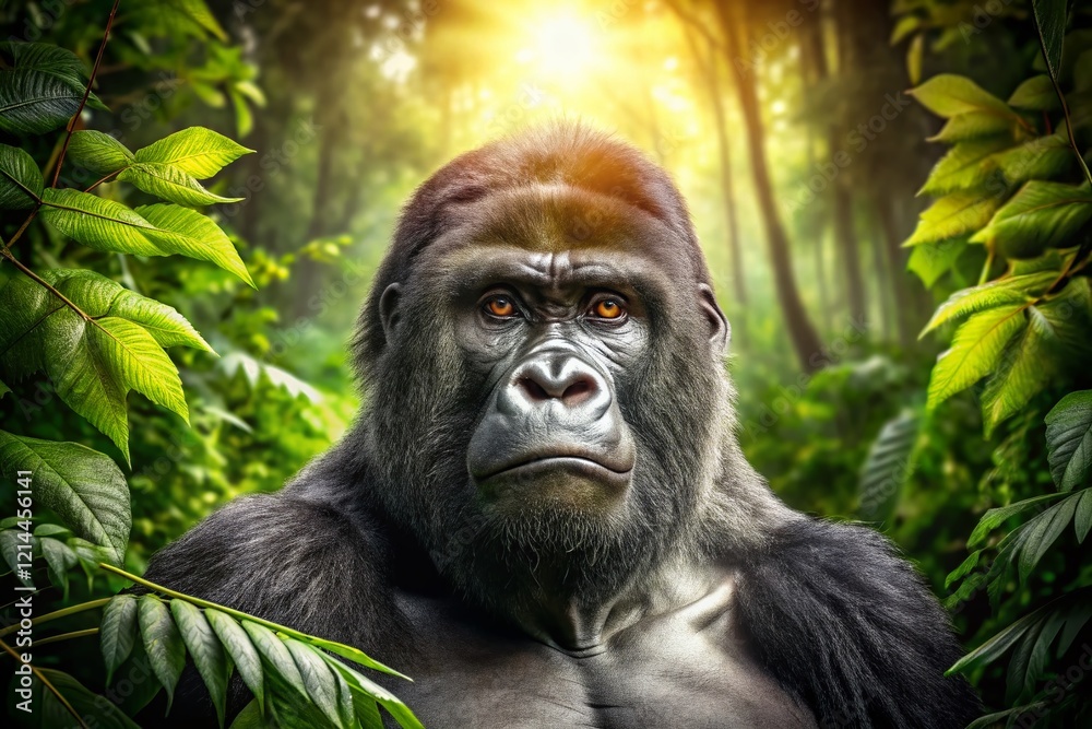 Obraz premium Majestic Silverback Gorilla in Lush Green Forest - Intense Gaze, Wildlife Photography