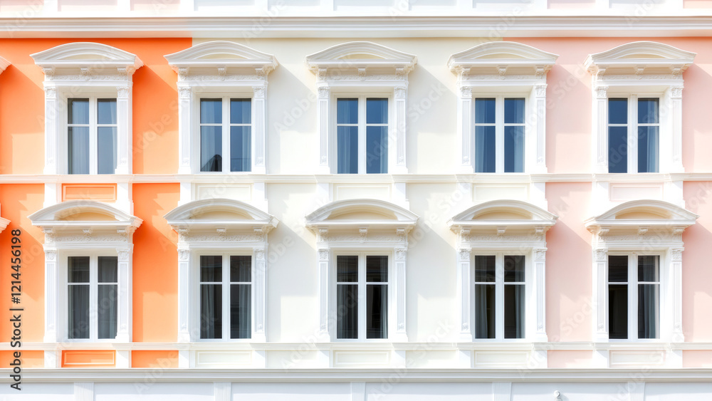 Fototapeta premium White framed windows decorating an elegant building facade with orange and pink pastel colors