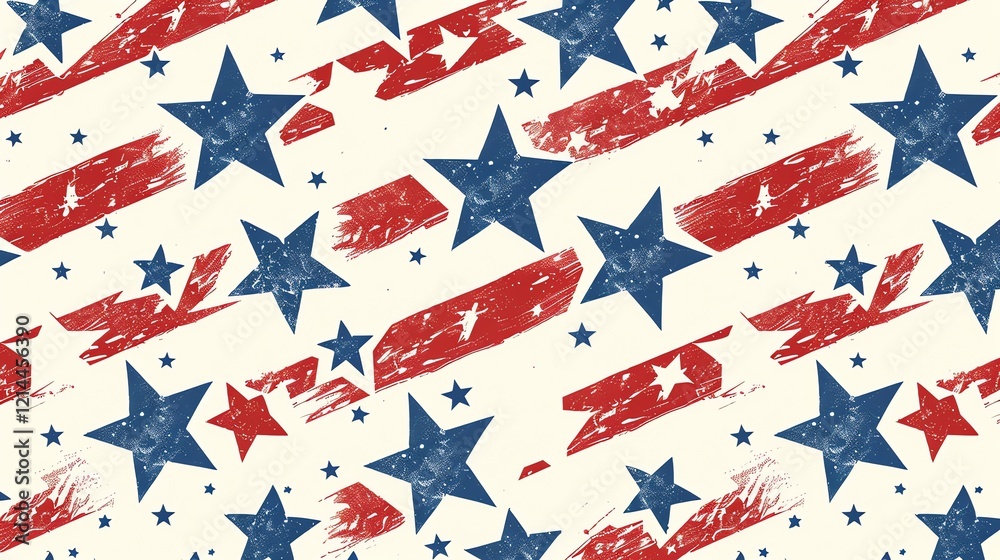 A seamless pattern of red stripes and blue stars with a distressed, vintage look. A seamless pattern of red stripes and blue stars with a distressed, vintage look.