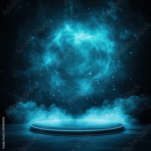 Ethereal Nebula Stage: Mystical Blue Cosmic Platform for Product Display.