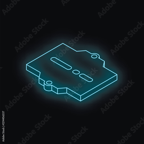 Neon blue isometric microchip glowing on black background, representing advanced technology and futuristic design