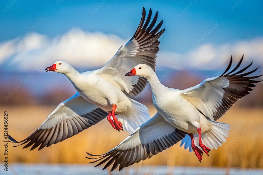 Obraz premium Majestic Snow Geese in Flight: Stunning White Winter Bird Photography