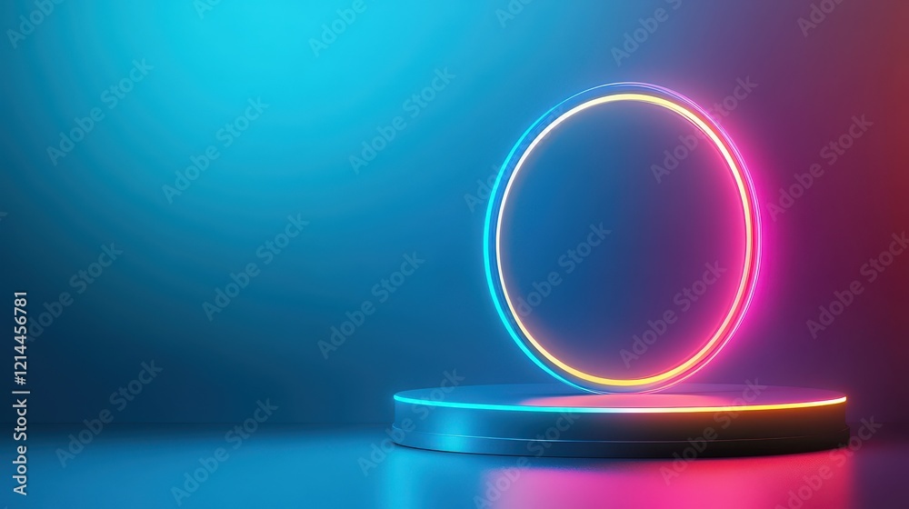 Vibrant Neon Circle and Platform Display: Abstract Background for Product Showcase. Vibrant Neon Circle and Platform Display: Abstract Background for Product Showcase.