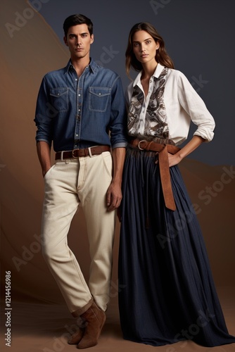 Two fashion models a man and a woman display luxurious safari inspired clothing in natural fabrics, and sophisticated designs, a couple evoking a sense of adventure and opulence