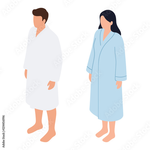 set of isometric man and woman in a robe isolated vector object