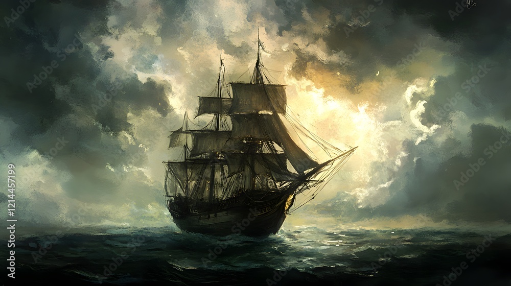 Obraz premium Dramatic Seascape Sailing Ship in Stormy Ocean