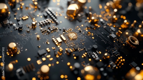 black pcba with golden components hovering on white backgorund photo
