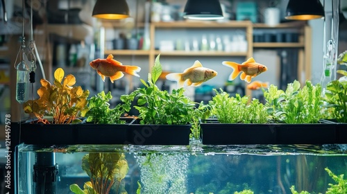 A modern aquaponics setup growing fish and plants in a symbiotic environment