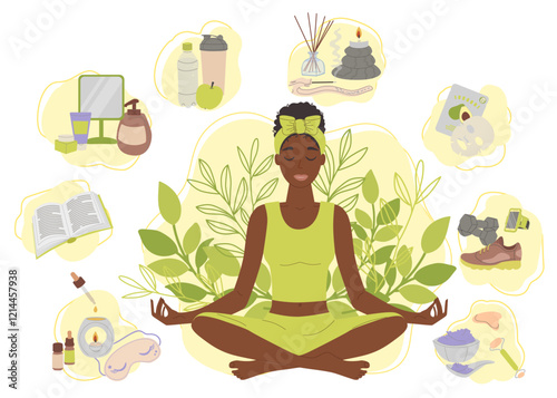 Exercise and meditation practice. Self love. Healthy lifestyle. Vector self care concept.