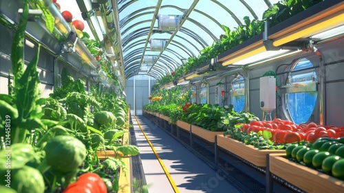 A modern greenhouse filled with vibrant rows of vegetables and automated irrigation systems