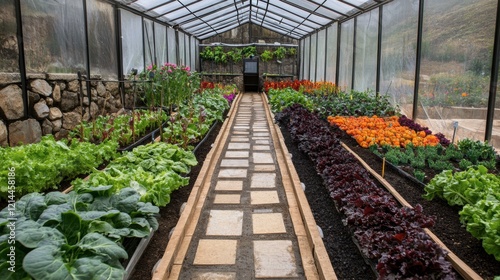 A modern greenhouse filled with vibrant rows of vegetables and automated irrigation systems