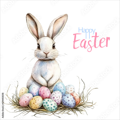 Happy Easter vector card or banner with traditional rabbit sitting in the nest with colored eggs. Christian holiday symbols and congratulations text. Lettering and cartoon brooding bunny illustration.