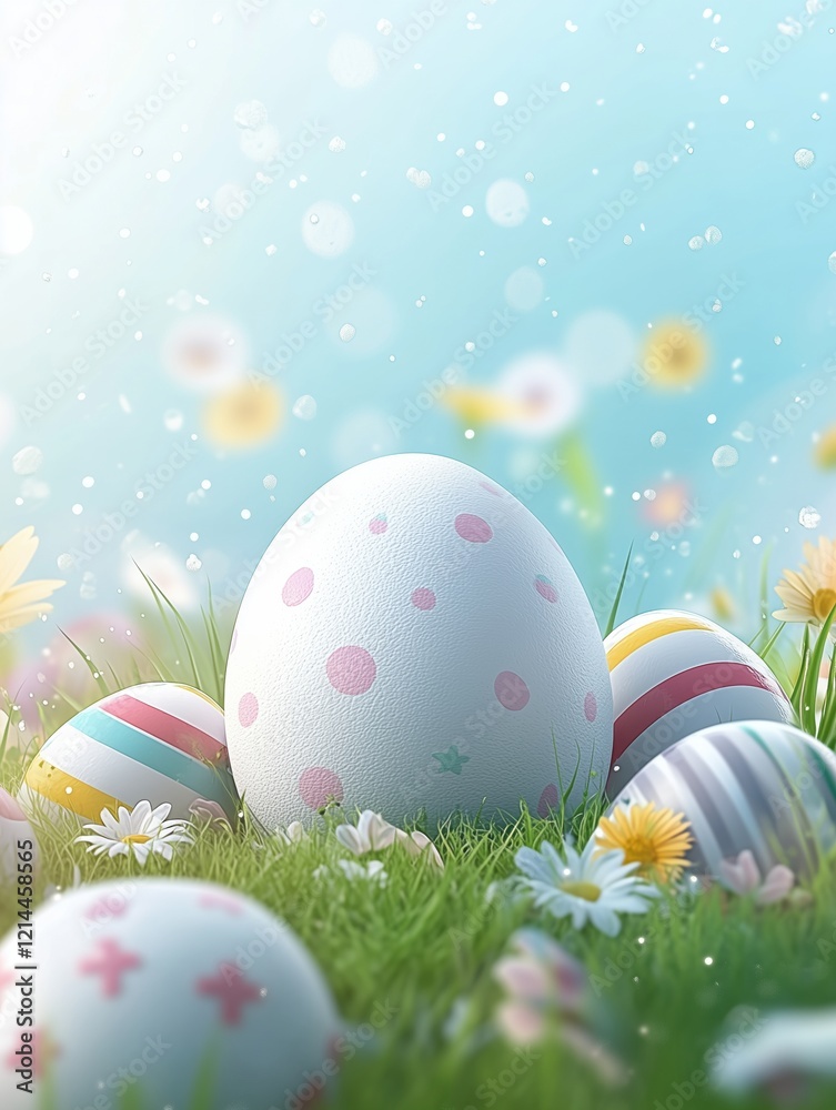 A collection of decorated Easter eggs resting on green grass with flowers and a soft blue background.