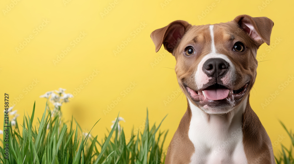 Energetic puppy playing in grass with bright yellow background Energetic puppy playing in grass with bright yellow background