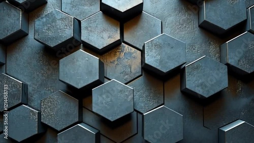 A textured hexagonal pattern in metallic tones on a dark surface.