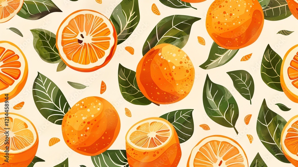A seamless pattern of oranges and leaves on a beige background. A seamless pattern of oranges and leaves on a beige background.