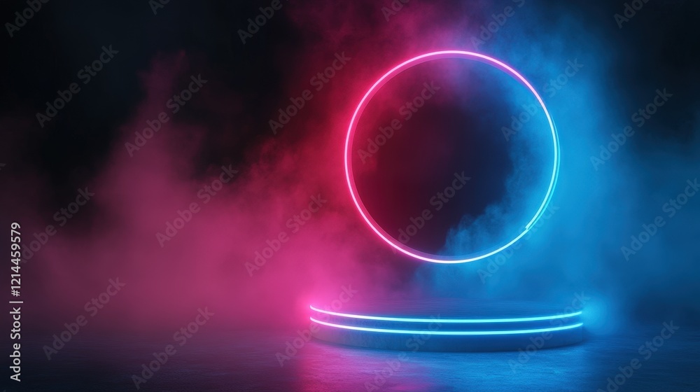 Neon Circle and Platform in Smoky Atmosphere - Abstract Background Neon Circle and Platform in Smoky Atmosphere - Abstract Background