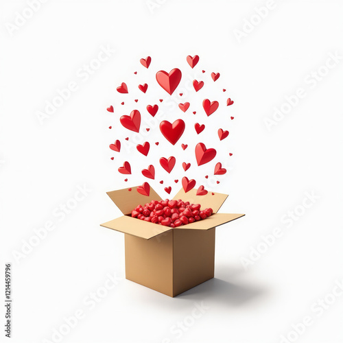 Exploding Box Card with Mini Hearts Flying Out – A creative exploding box card with mini hearts flying out, isolated on a white background.