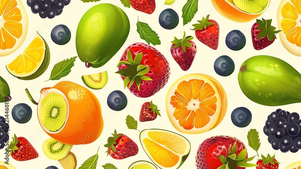 A seamless pattern of colorful fruits and leaves on a light background. A seamless pattern of colorful fruits and leaves on a light background.