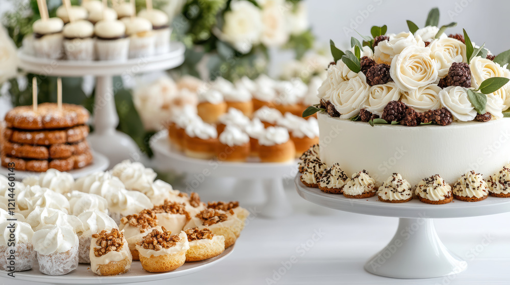 Lavish dessert table with colorful pastries and elegant cake display