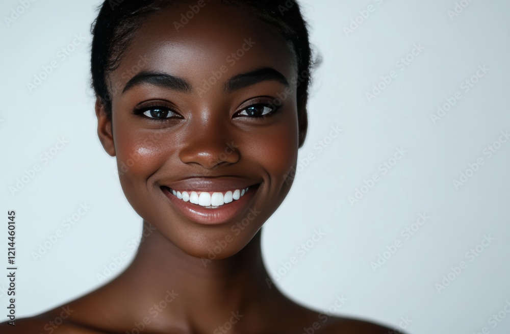 Young African women with radiant smiles, natural hairstyles, and vibrant outfits stand against white backgrounds, showcasing their unique beauty and natural features.
