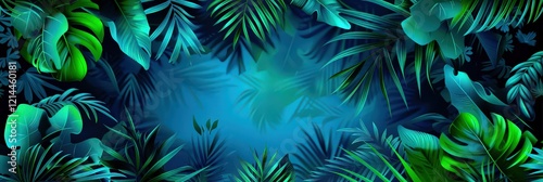 Frame with abstract neon background and tropical leaves. Stylish trendy banner.