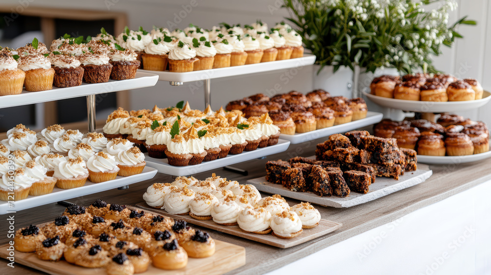 Lavish dessert table with array of colorful pastries and cupcakes Lavish dessert table with array of colorful pastries and cupcakes