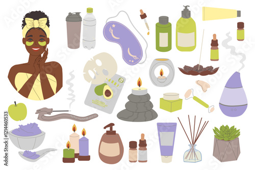 Beauty and self-care kit. Design wallpaper for beauty salons, brochures on relaxation, packaging of self-care products.