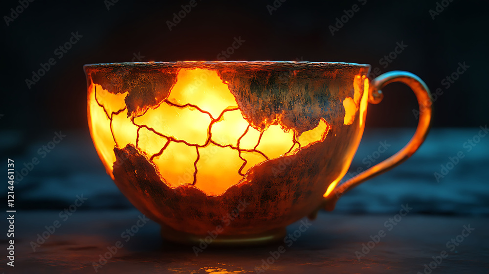 Antique tea cup with cracks glowing like molten lava Antique tea cup with cracks glowing like molten lava
