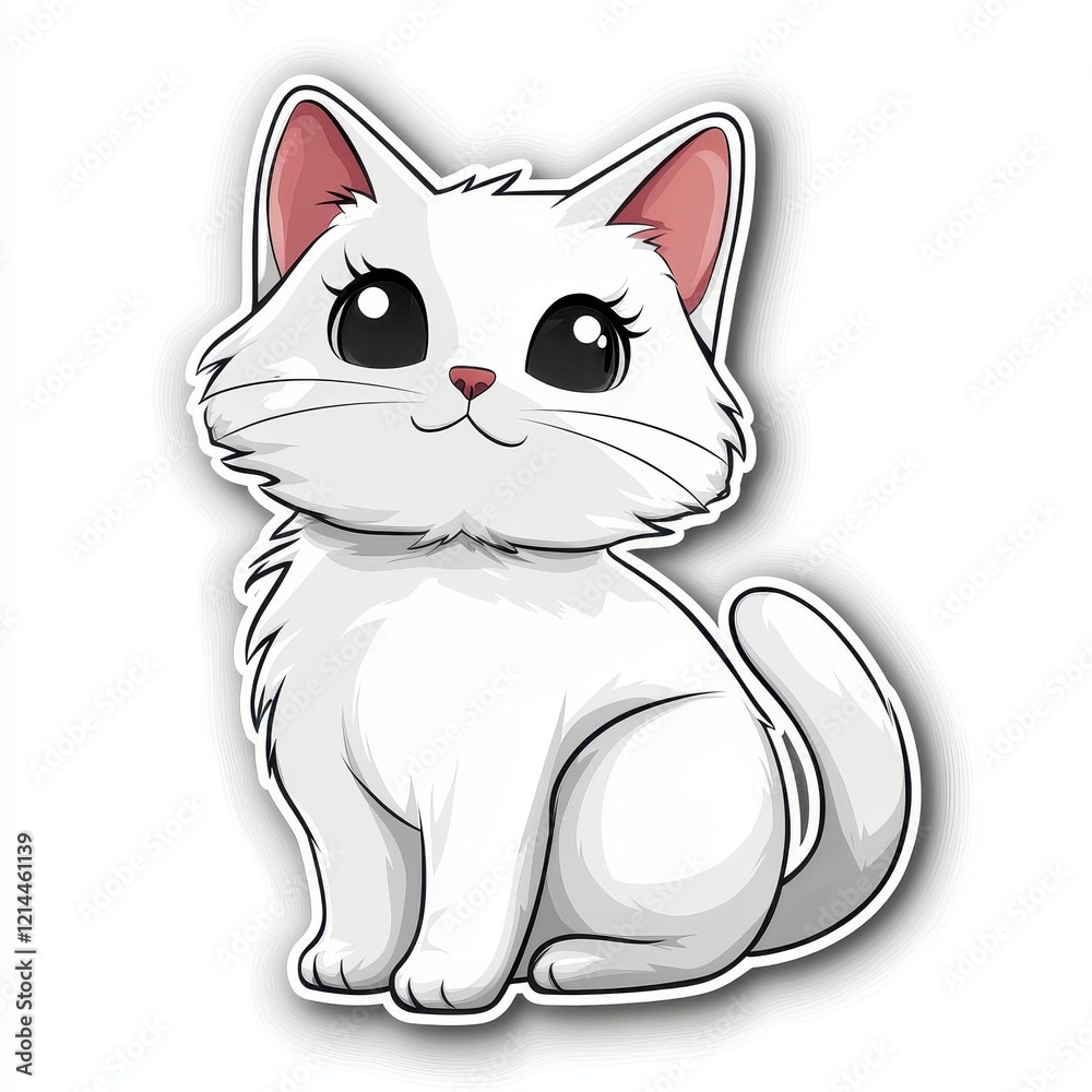 Obraz premium Adorable cartoon illustration of a white cat with big eyes and a playful expression, ideal for pet and animal-themed designs