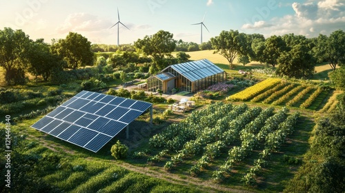 A sustainable farm powered by solar panels and wind turbines