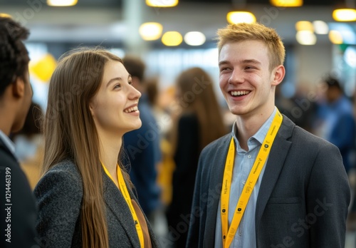 Two teen man and woman businesspeople are smiling and conversing at a corporate event, both wearing lanyards exhibition card. The background is blurred of trade show event.