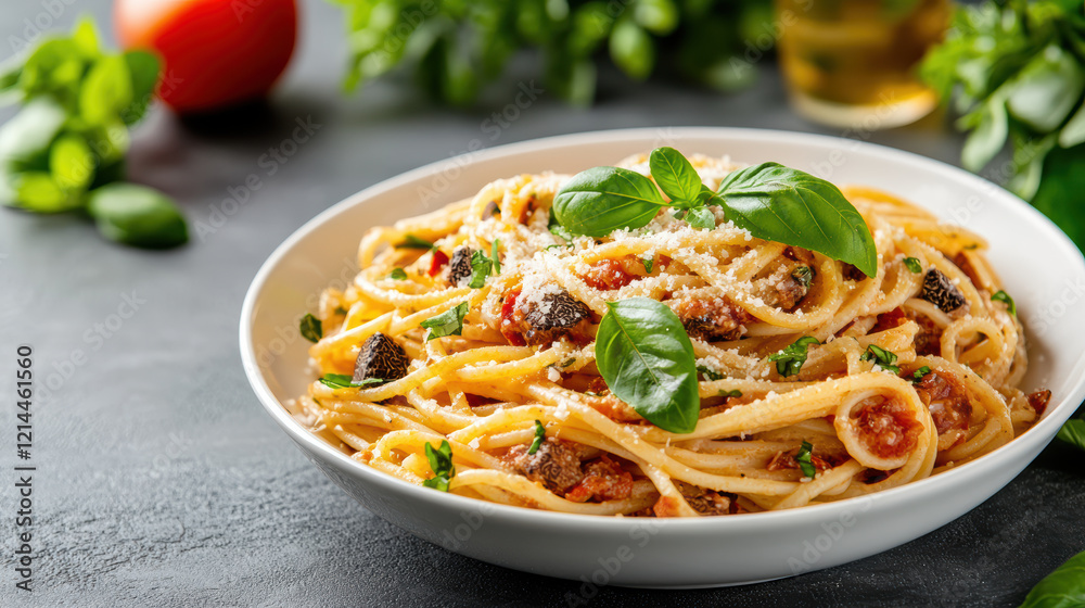 Luxurious pasta dish with truffles, basil, and cheese, perfect for gourmet dining Luxurious pasta dish with truffles, basil, and cheese, perfect for gourmet dining