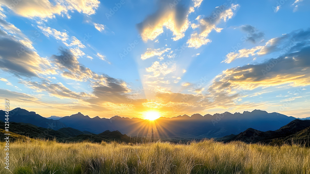 Obraz premium Majestic mountains silhouetted against colorful sunset sky