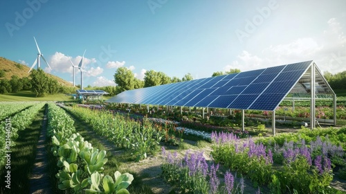 A sustainable farm powered by solar panels and wind turbines