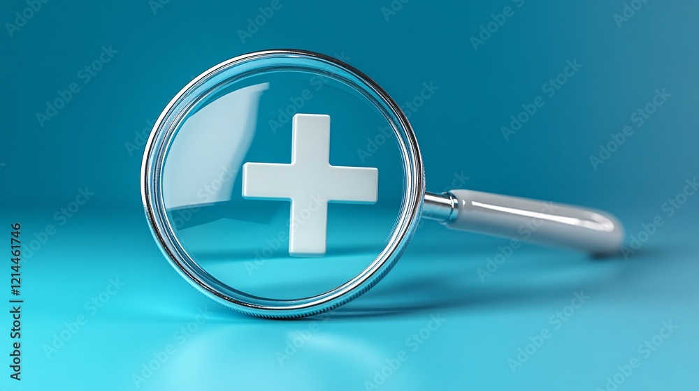 Obraz premium Magnifying glass zooming in on a white medical cross icon, set against a blue background, representing the focus on health, research, and business growth.