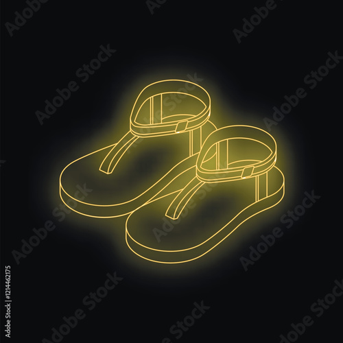 Pair of yellow neon sandals glowing on a black background, representing summer fashion and nightlife