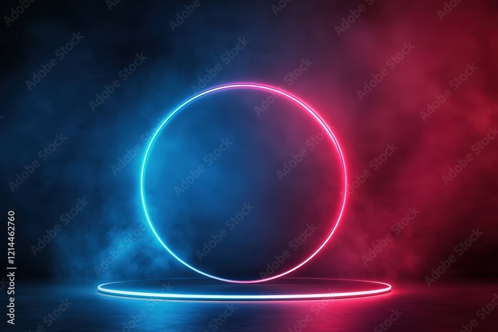 Obraz premium Futuristic Neon Circle Frame with Smoke and Glowing Platform.