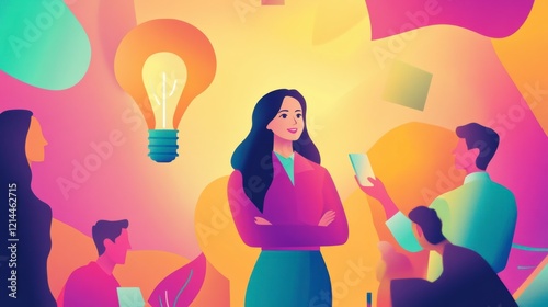 A businesswoman brainstorming innovative ideas with her team in a colorful office