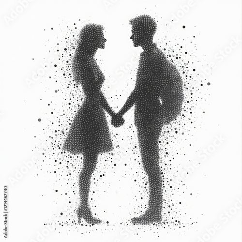 Hand-Drawn Sketch of an Abstract Couple Design Formed by Scattered Dots and Particles