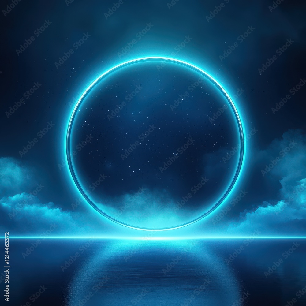 Obraz premium Celestial Neon Circle: Futuristic Night Sky Reflection.