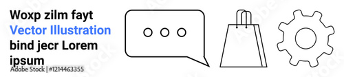 Speech bubble with three dots, shopping bag, and gear outline. Ideal for communication, messaging, online shopping, e-commerce, technology settings business concepts. Landing page