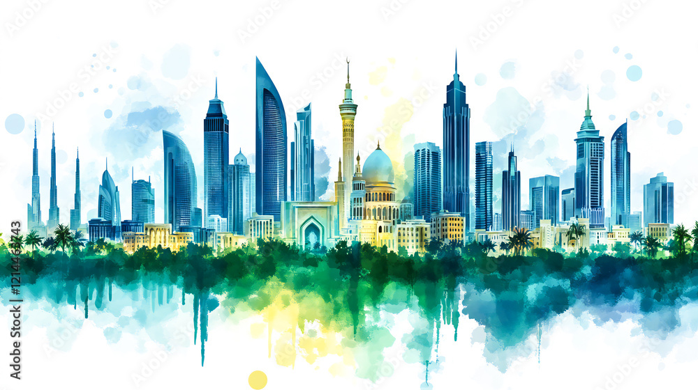 Naklejka premium Saudi national day poster illustration in watercolor style with modern buildings and fireworks