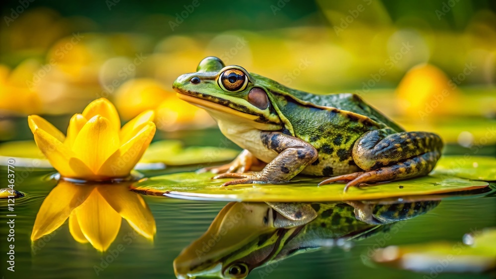 Obraz premium Marsh Frog Perched on Yellow Water Lily - High-Resolution Stock Photo